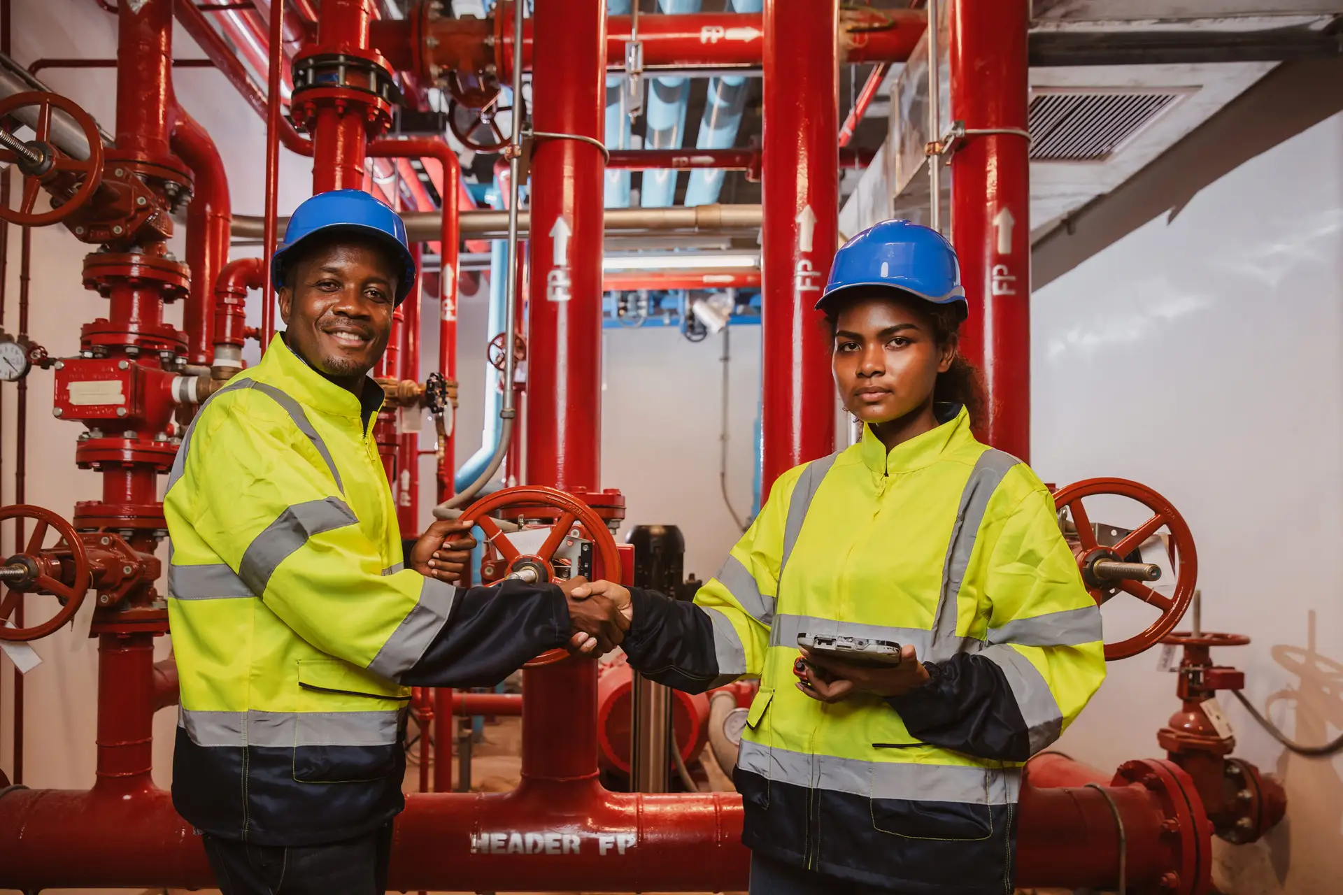 Engineer or technician work checking Fire suppression system and Engineer or technician work checking Fire suppression system and fire equipment. Engineer check red generator pump for water sprinkler piping and fire alarm control system