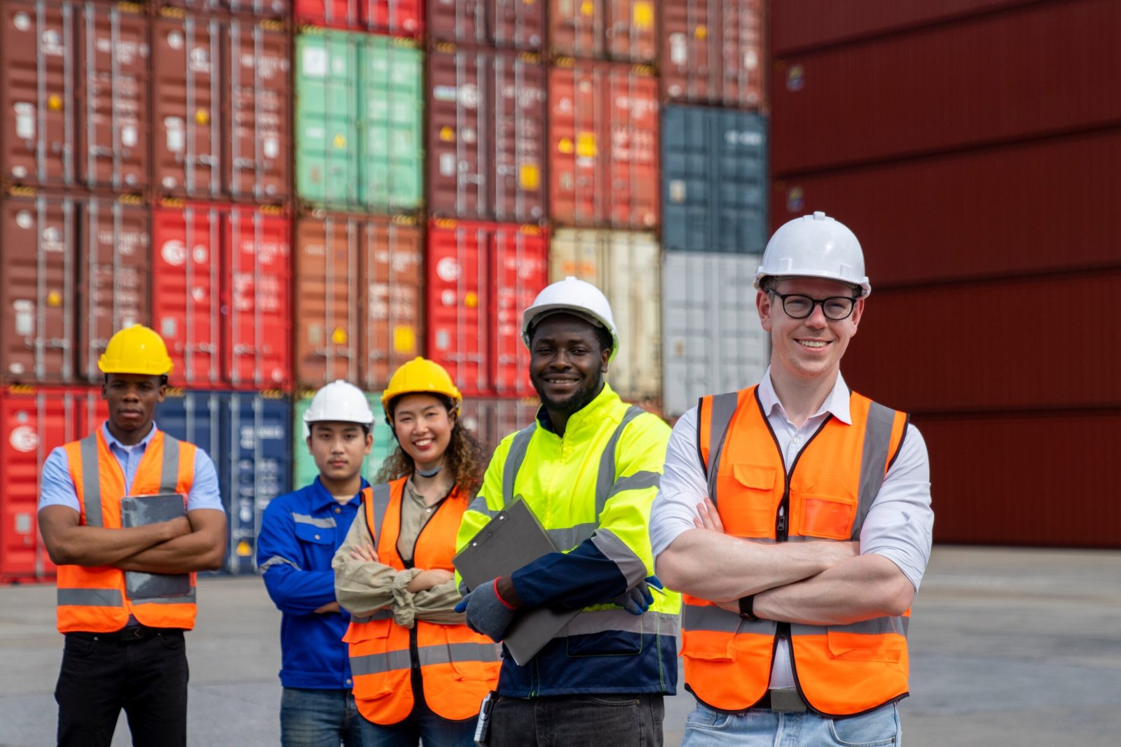 Group of engineer worker and manager standing in the shipping ya Group of engineer worker and manager standing in the shipping yard container.